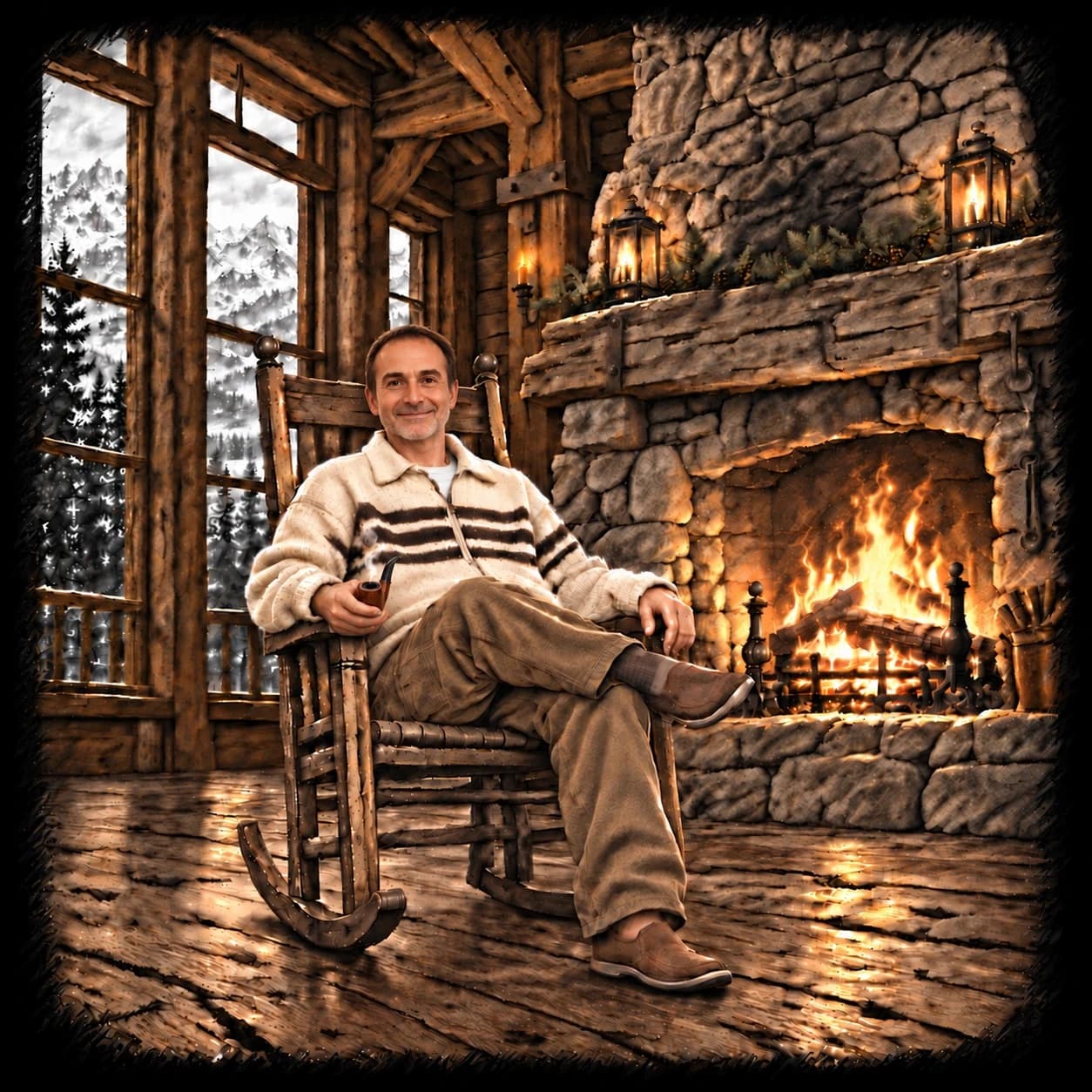 Illustrated portrait of Linden Snow in a rocking chair by a stone fireplace in a snowy mountain cabin
